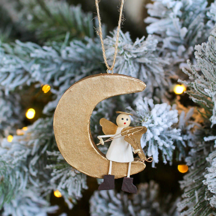 3" Wood/Tin Angel on Moon Ornament (Off White/Gold)