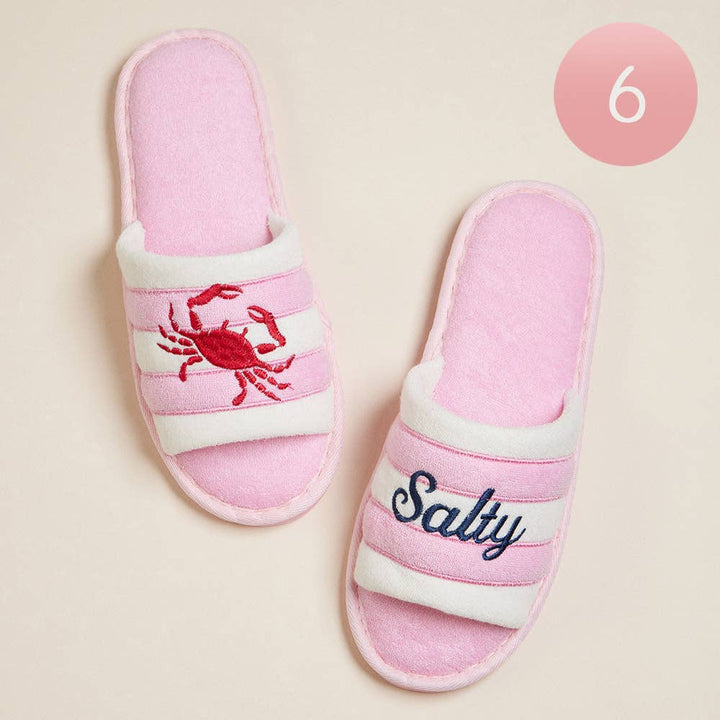 6Pairs Crab Salty Embroidered Striped Indoor Floor Slippers: Pink