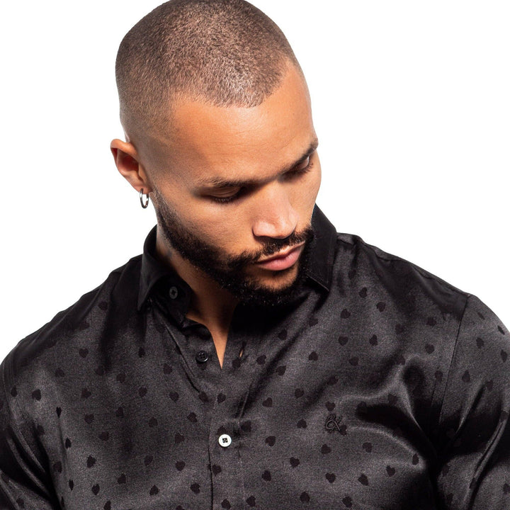 Hearts Jacquard Button Down Shirt - Black: BLACK / 2XL