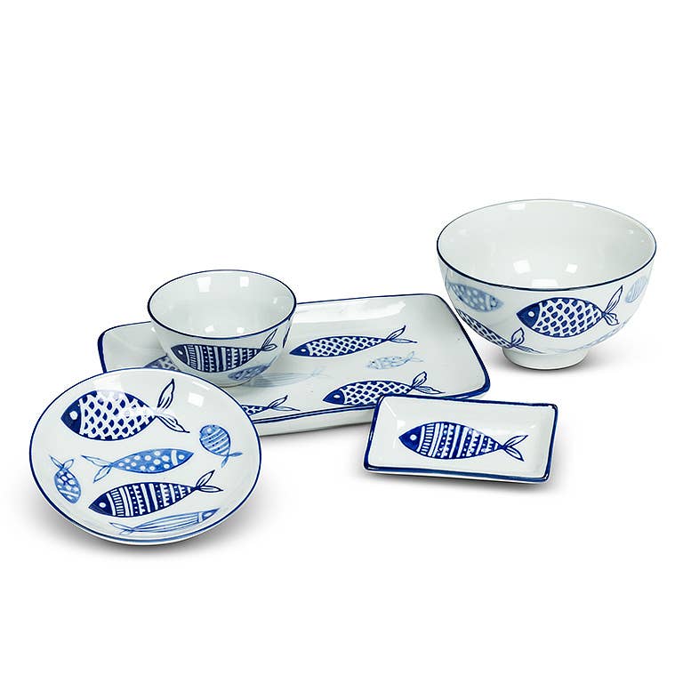Multi Fish Rice Bowl-Blu/Wht-4" D