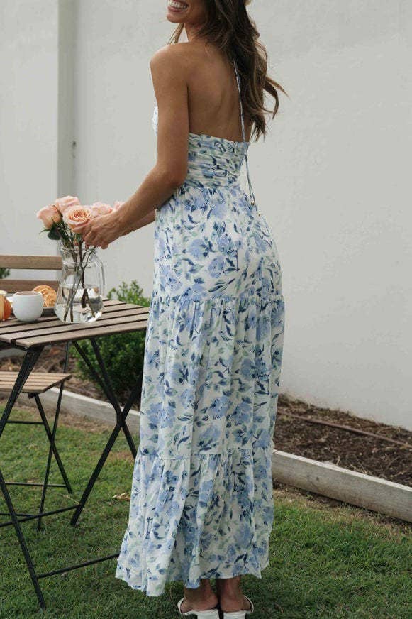 Plunge halter backless floral swing maxi sun dress: Orange / L