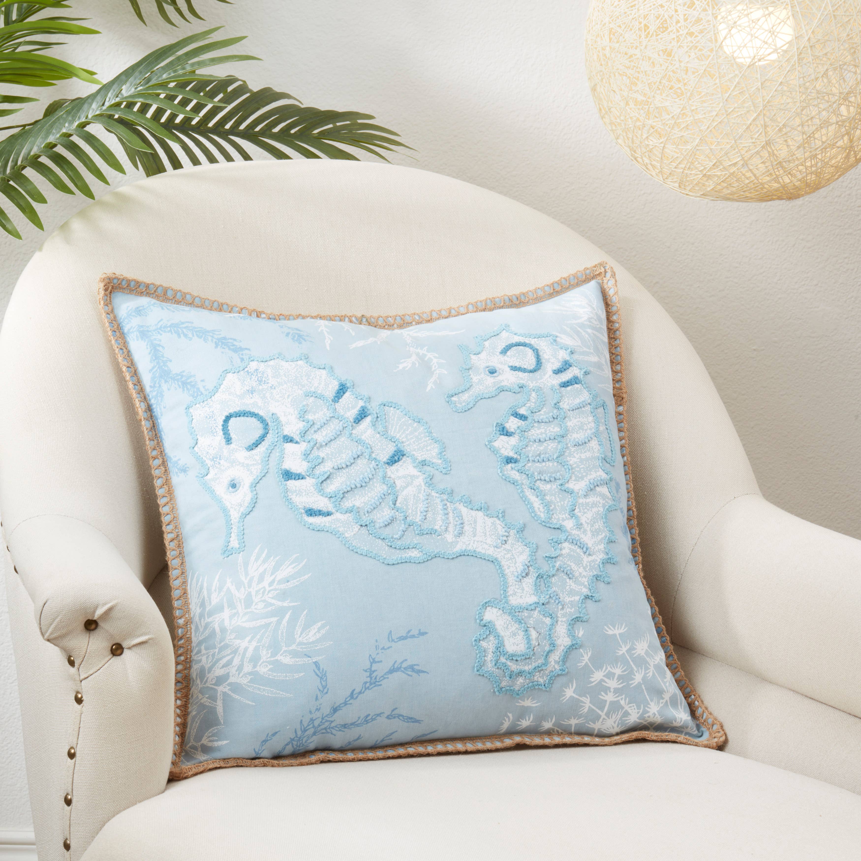 Tidal Treasures Seahorse Throw Pillow: Blue / Poly Filled / 20"