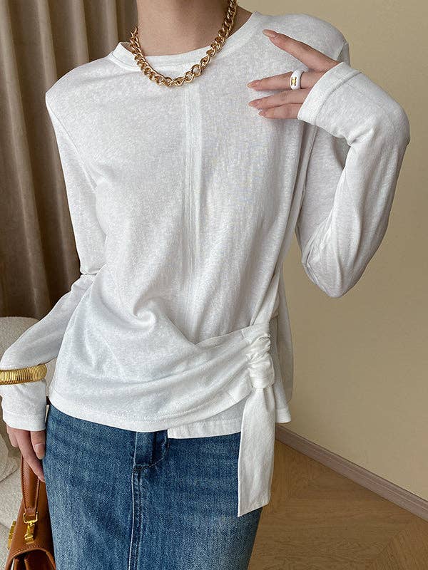 Long Sleeves Asymmetric Bowknot Solid Color Round-Neck T-Shirts Tops: BLACK / One_size