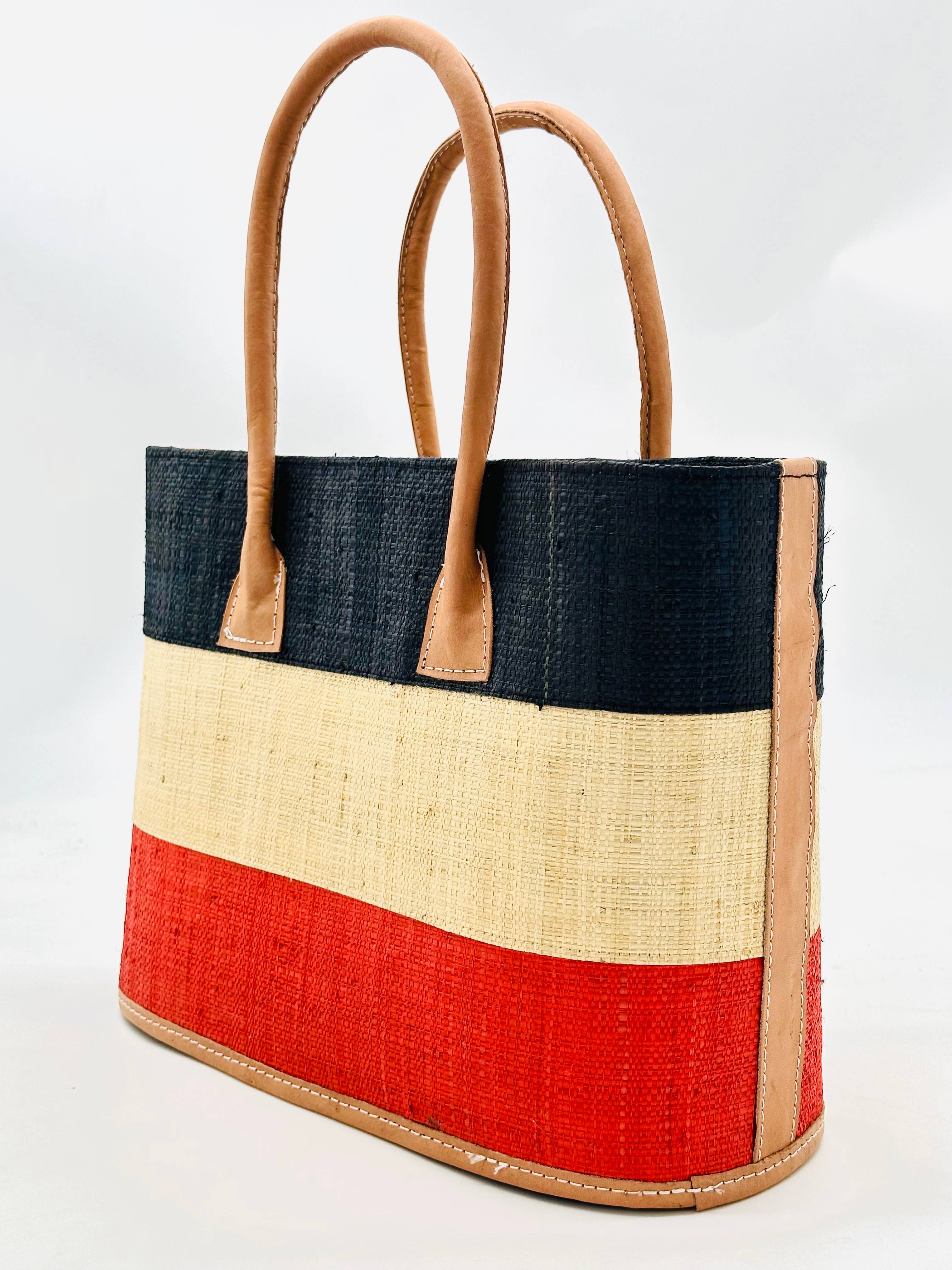 Santorini Color Block Straw Basket Bag Handbag: Small / Tobacco & Black