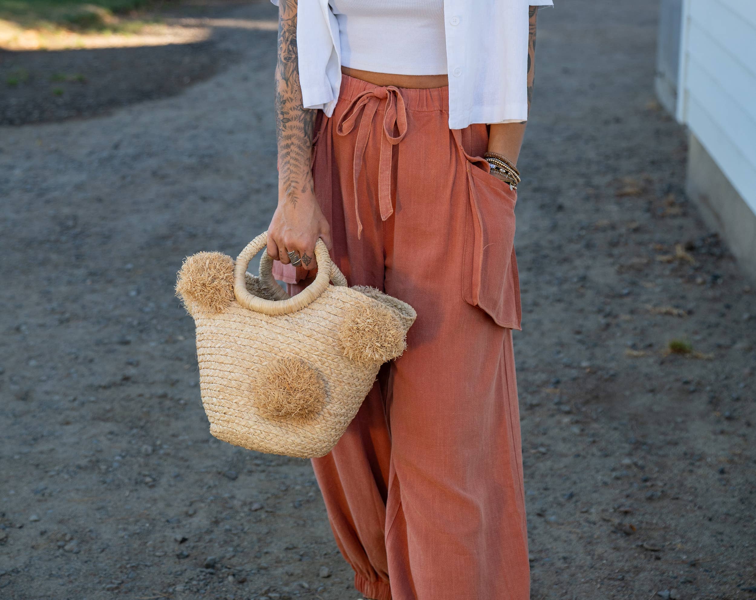 Phi Phi Braided Straw Basket with Oversized Raffia Poufs: Natural
