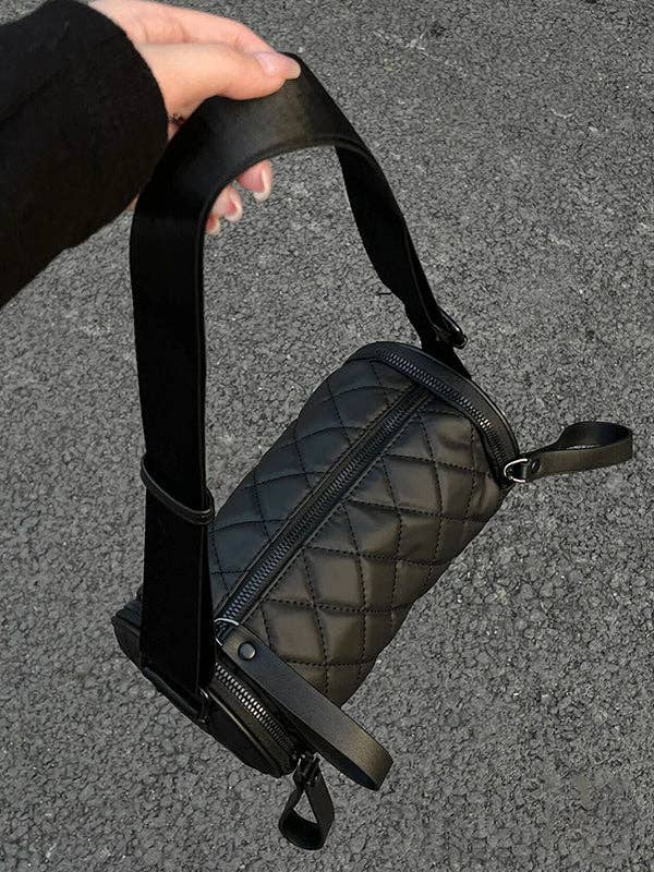 Rhombic Solid Color Split-Joint Zipper Shoulder Bags Crossbody Bags: BLACK / One_size