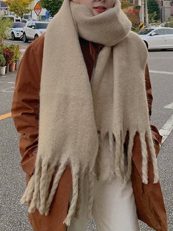 Thick Keep Warm Solid Color Tasseled Scarf: CAMEL / One_size
