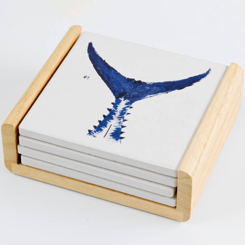 FishAye Navy Coaster – White Tuna Tail Ocean Design: Coasters w/ the wood caddy holder