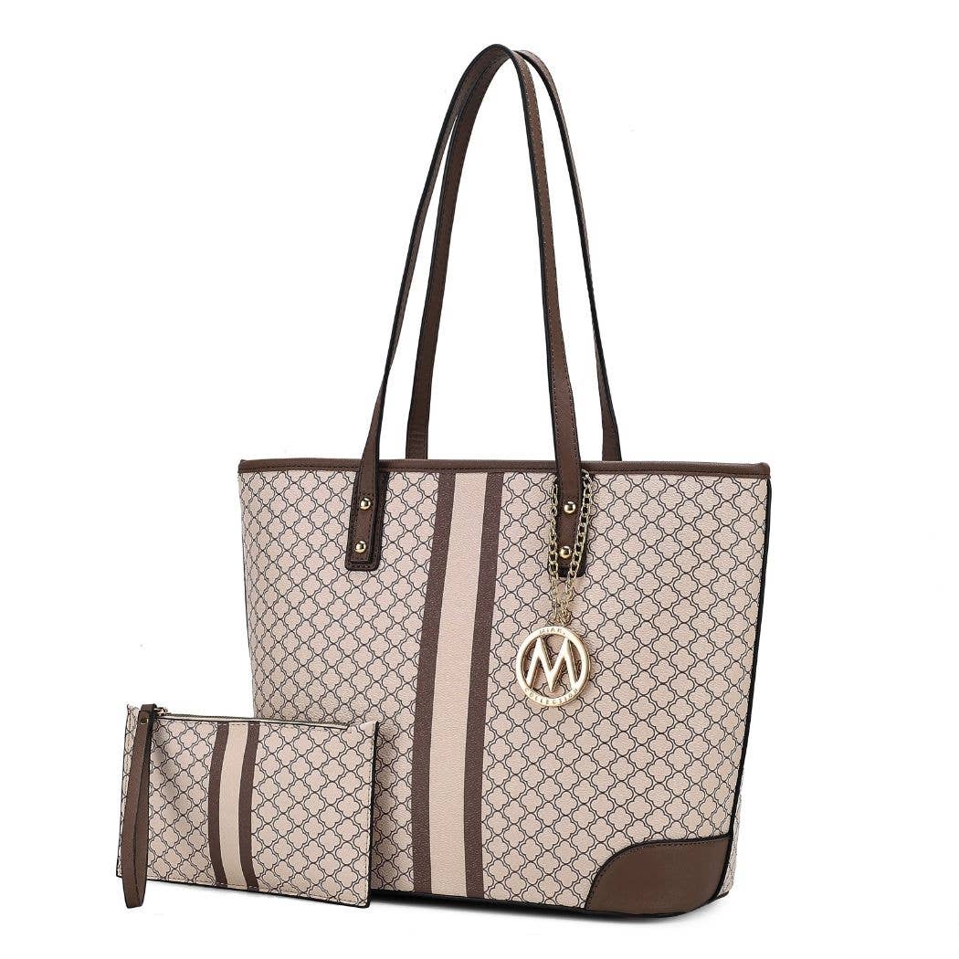 Arya Vegan Leather Women’s Tote Bag with Wristlet Pouch 2 pc: White-Grey