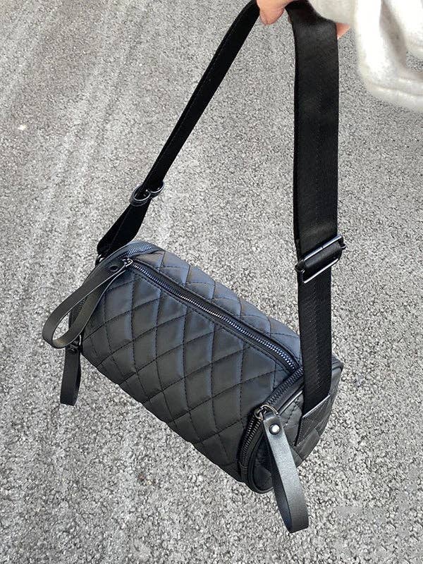 Rhombic Solid Color Split-Joint Zipper Shoulder Bags Crossbody Bags: BLACK / One_size