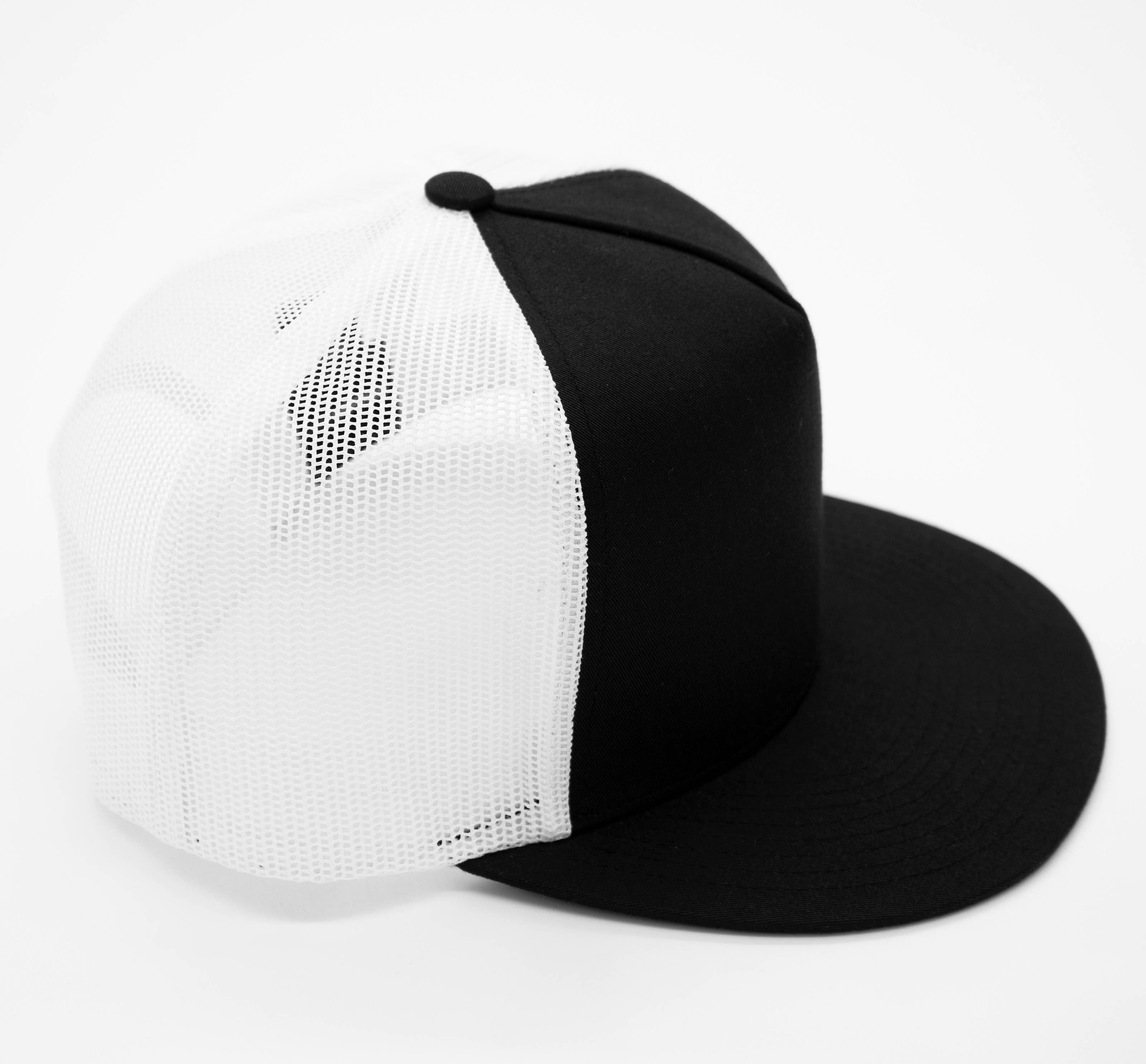 CUSTOM TEXT Raised Print Snapback Trucker Hats: All Black / White