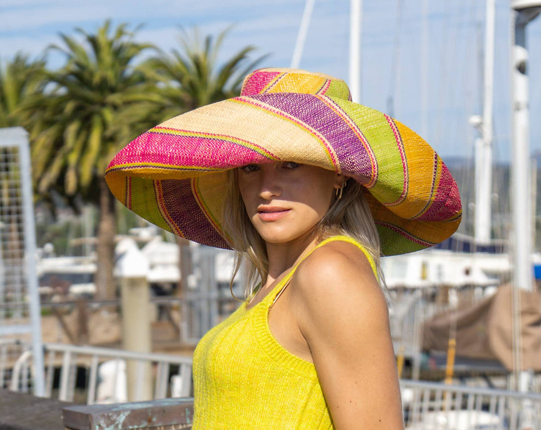 Sun Hats: Colored Stripes Packable 5" & 7" Brim Raffia Straw: 5" Brim / Carmalita Stripes
