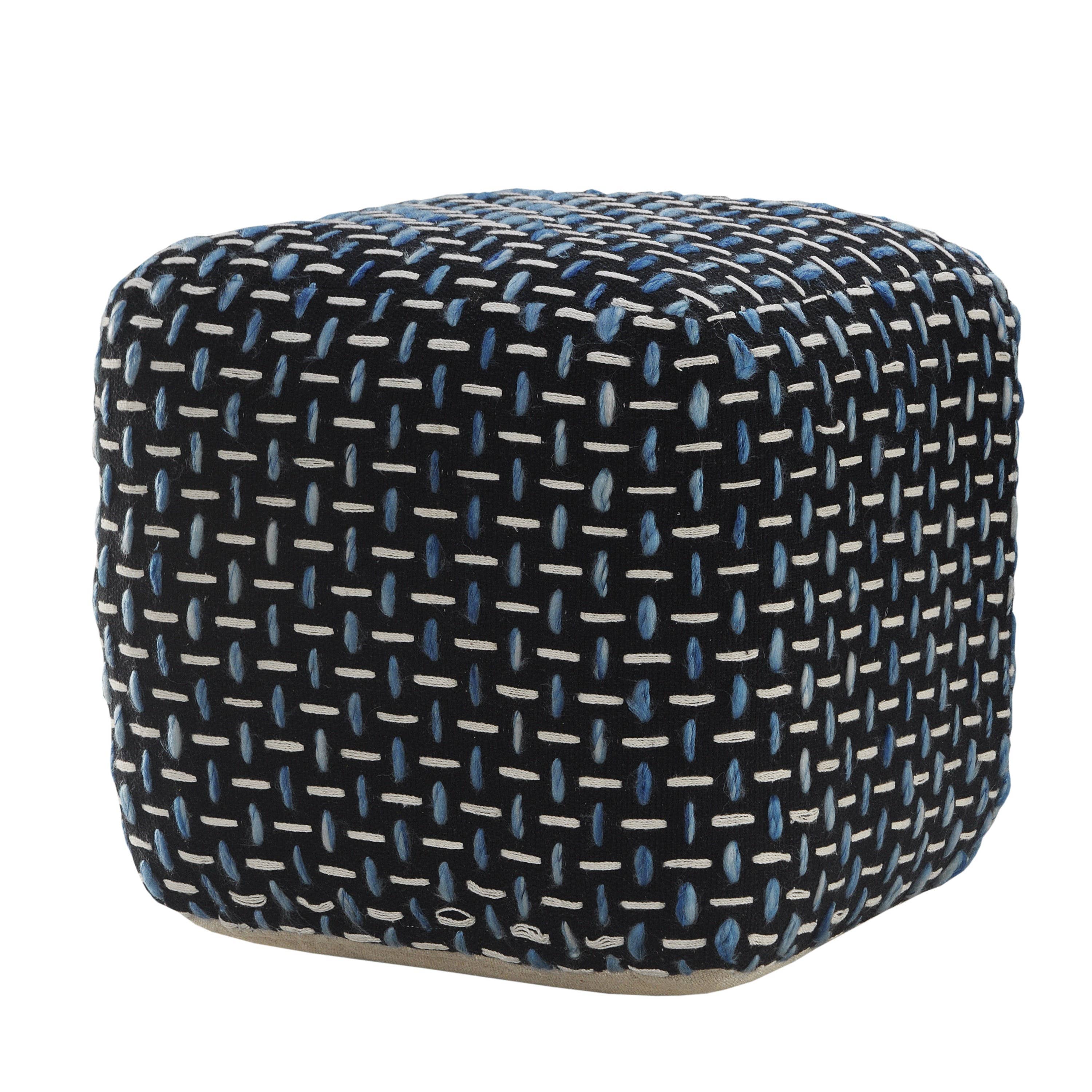 Modern Interwoven Geometric Pouf: Black/White/Blue