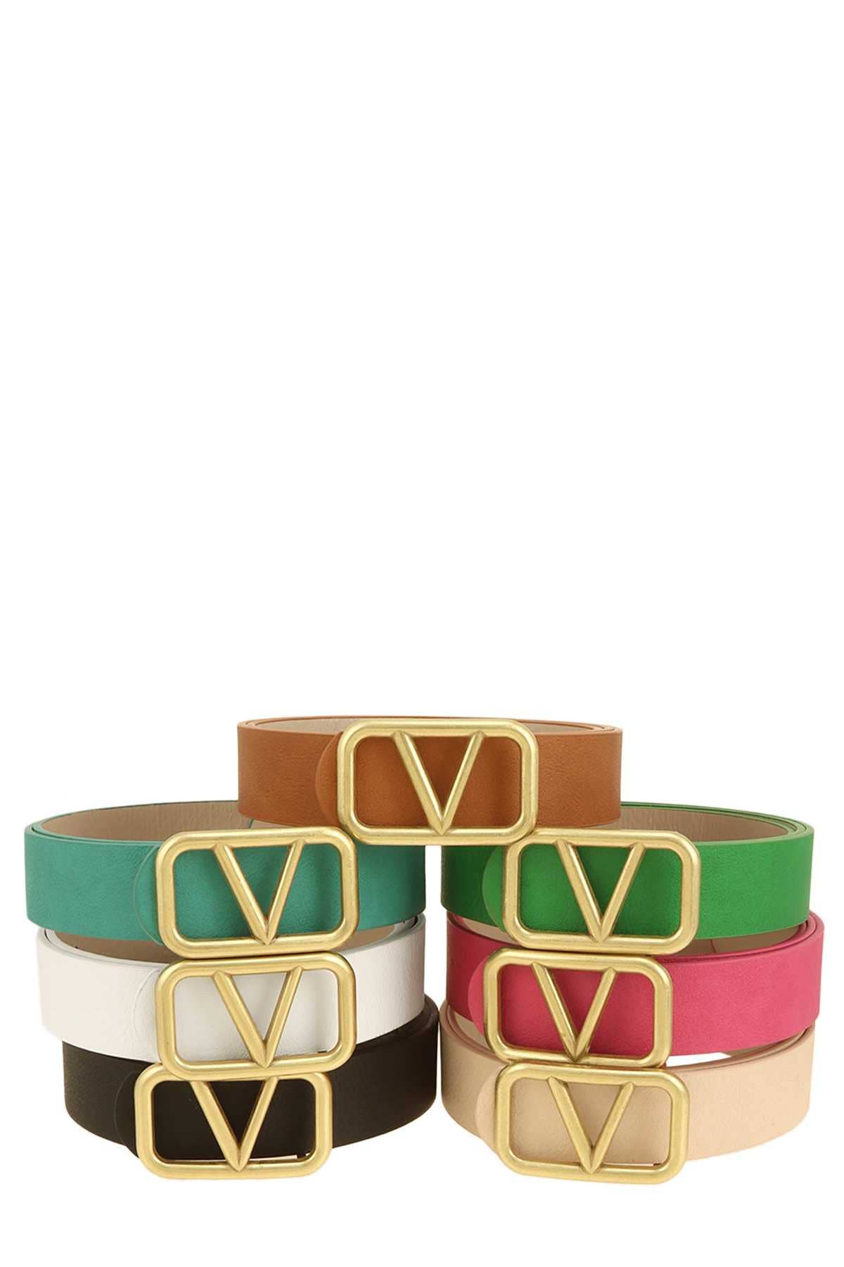 METAL V BUCKLE LEATHER BELT: Camel
