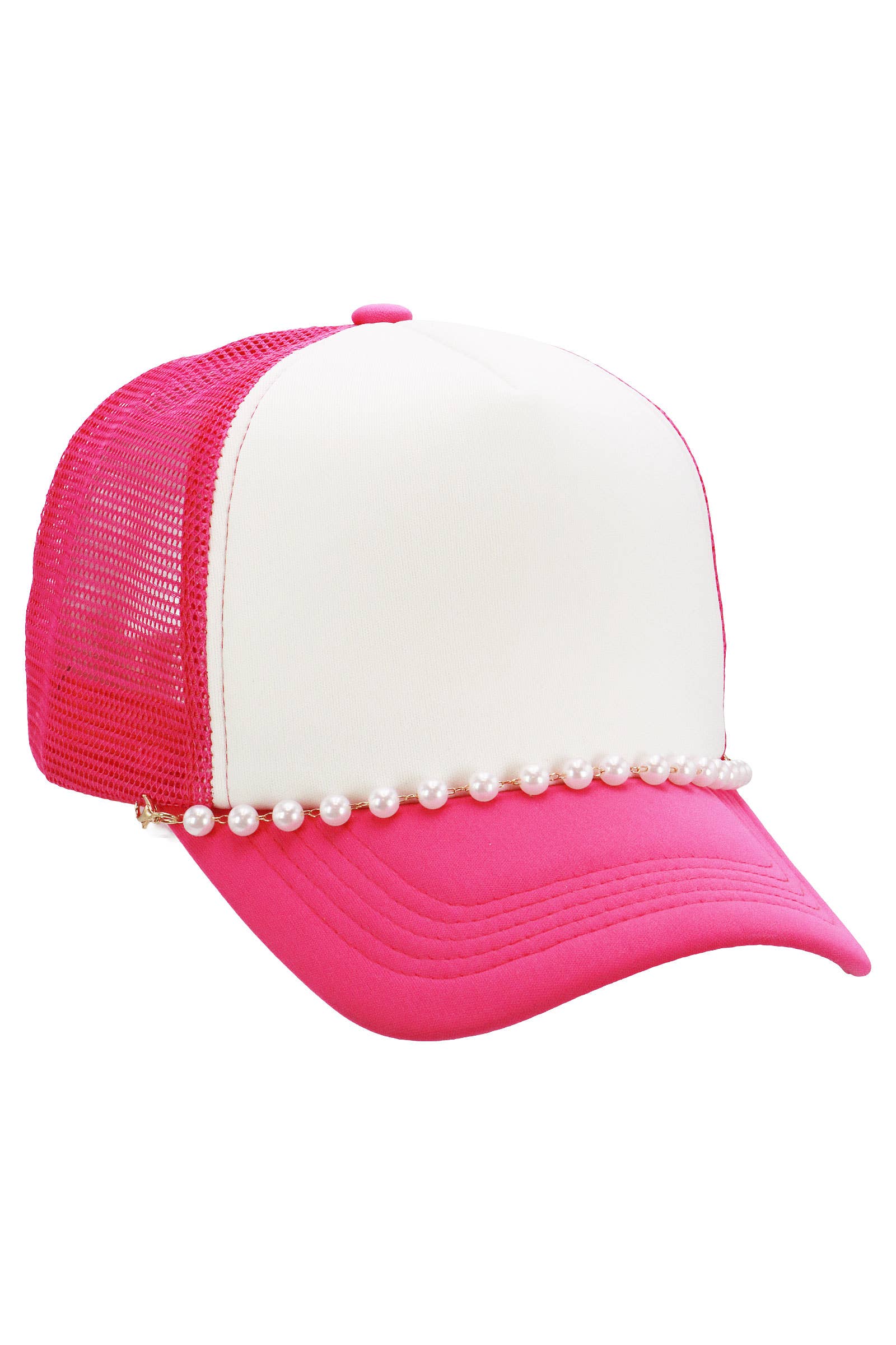 Faux Pearl Chain Foam Mesh Trucker Hat: WHITE/HOT PINK / ONE SIZE