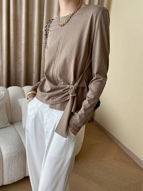 Long Sleeves Asymmetric Bowknot Solid Color Round-Neck T-Shirts Tops: COFFEE / One_size