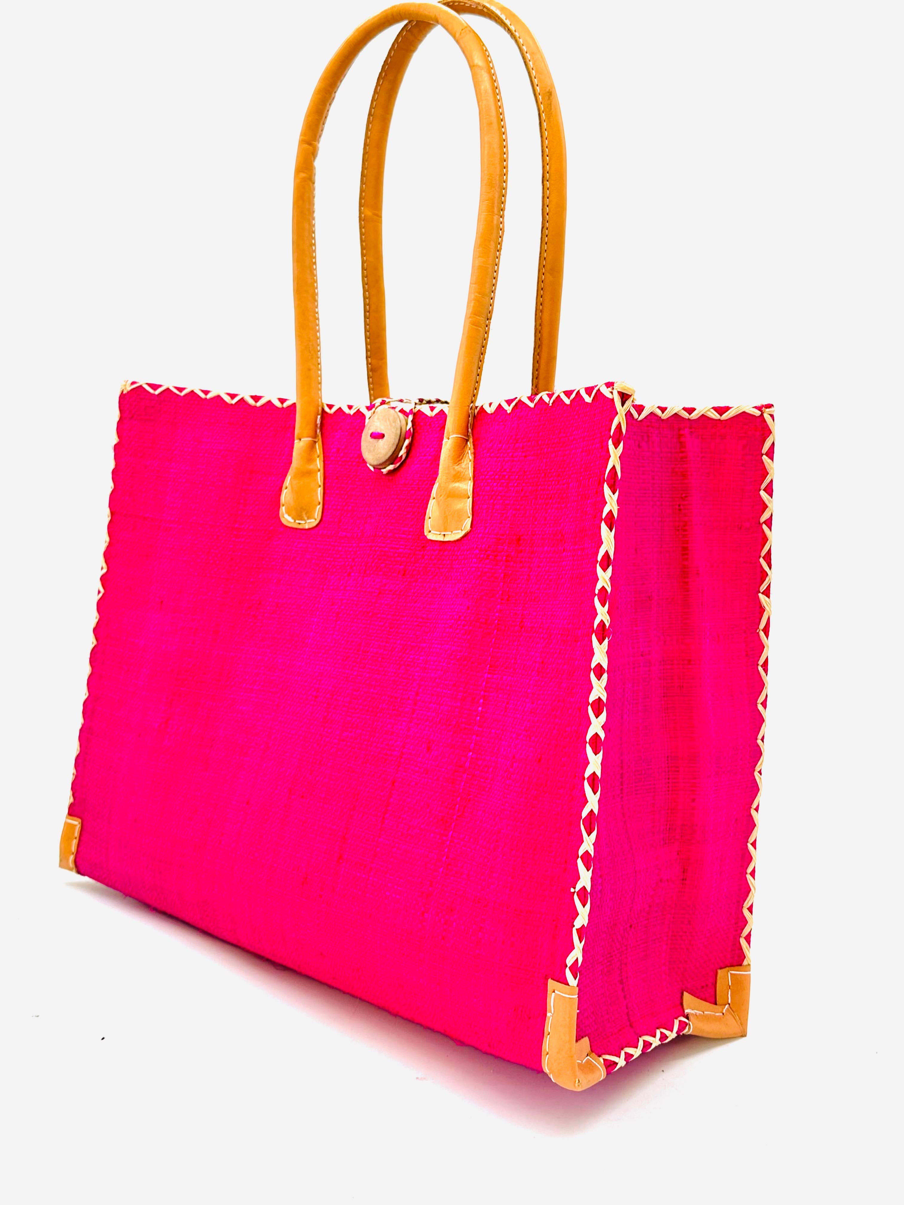 Zafran Solid Straw Beach Bag with Plastic Liner - 2 Sizes: Large / Fuschia