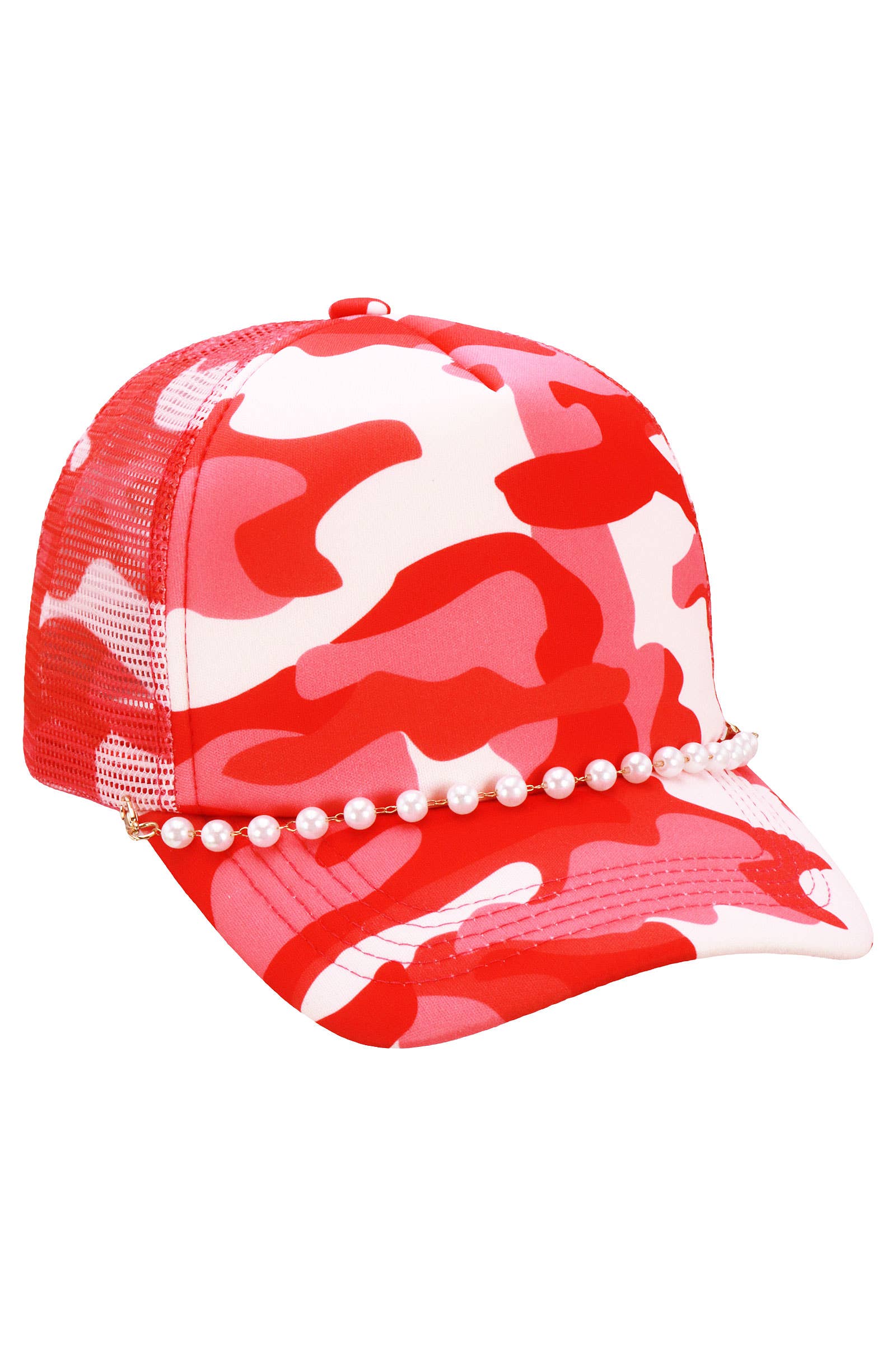 Faux Pearl Chain Foam Mesh Trucker Hat: WHITE/HOT PINK / ONE SIZE
