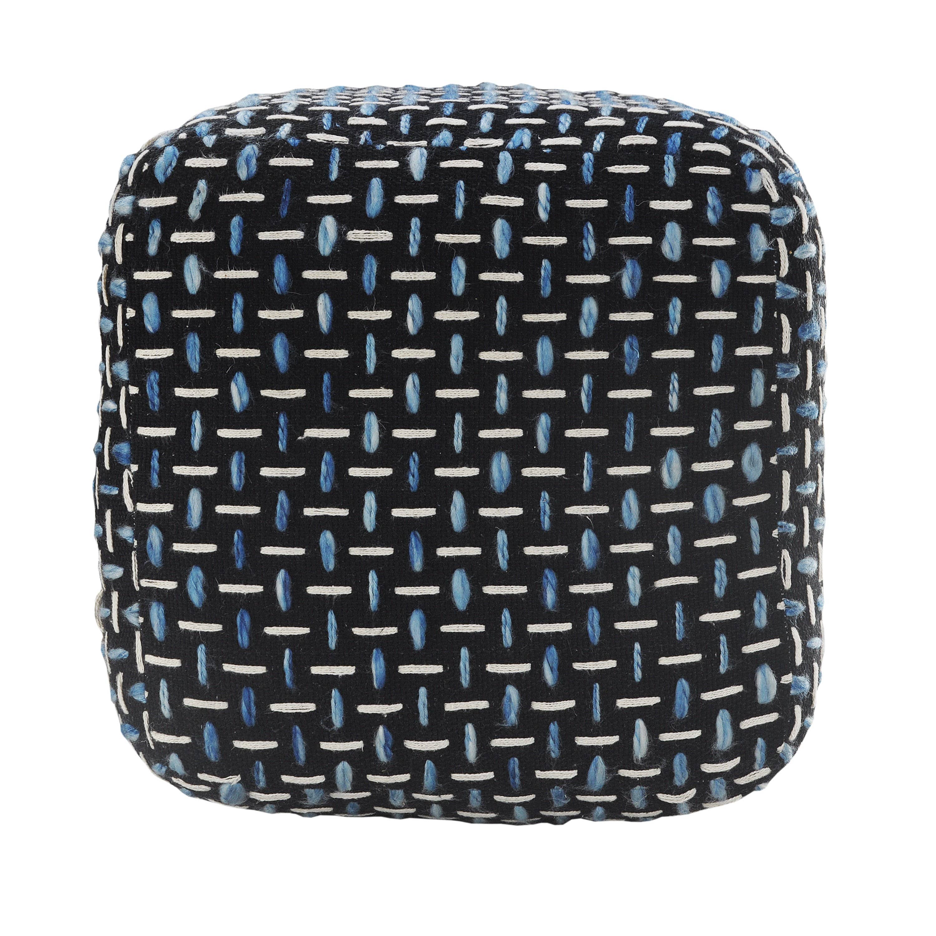 Modern Interwoven Geometric Pouf: Black/White/Blue