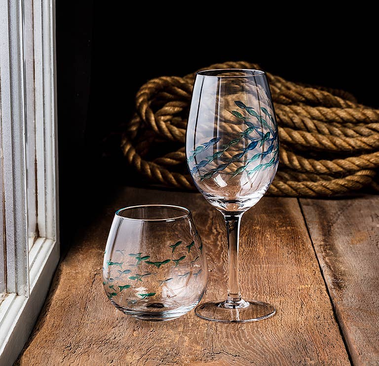 Blue & Green Etched Fish Wine Glass: Stemless Goblet (21oz)