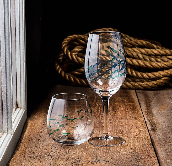 Blue & Green Etched Fish Wine Glass: Stemless Goblet (21oz)