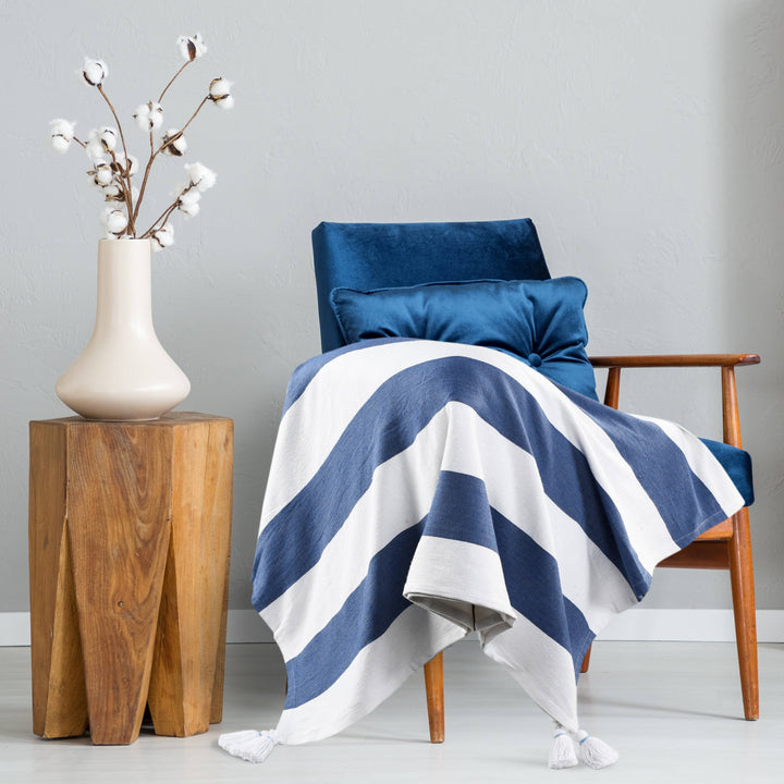 Cabana Striped Throw Blanket with Tassels: Navy Blue