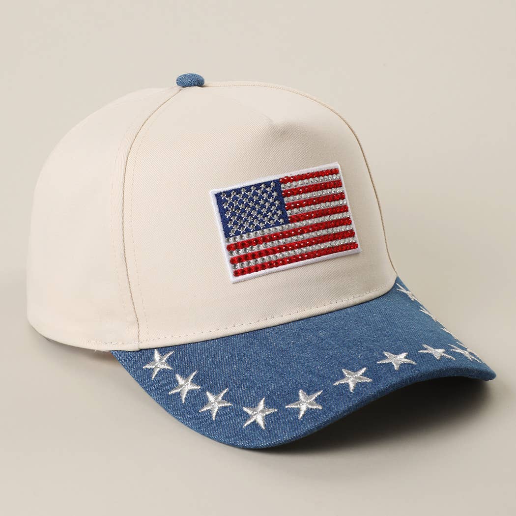 American Flag Rhinestone Patch Denim Star Brim Trucker Cap