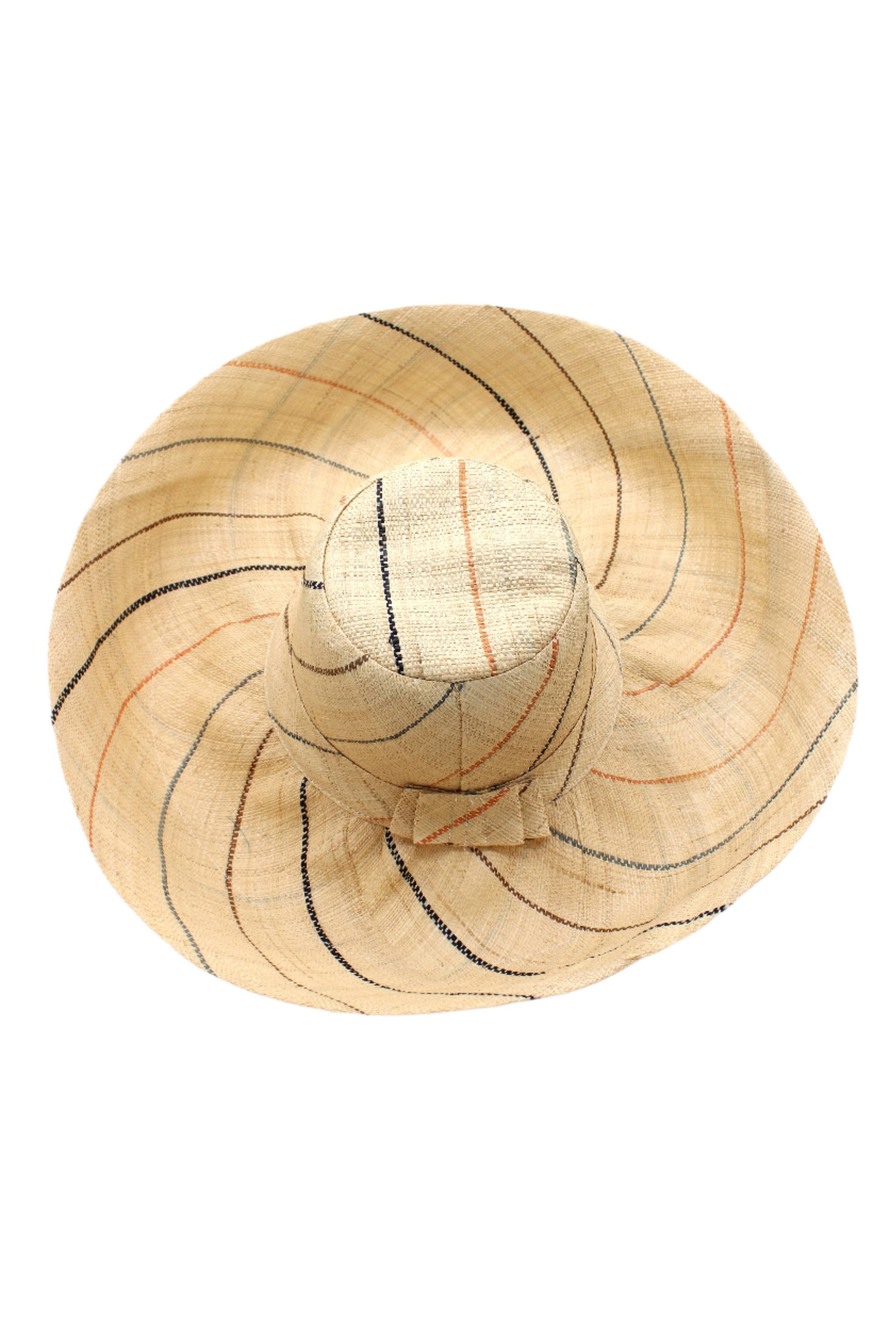 5" & 7" Wide Brim Pinstripe Packable Straw Sun Hats: Brights Multicolor Pinstripes / 7" Brim