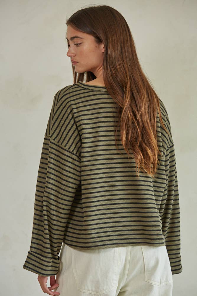 RJ3371 | Knit Striped Round Neck Long Sleeve Pullover Top: Olive Black / M