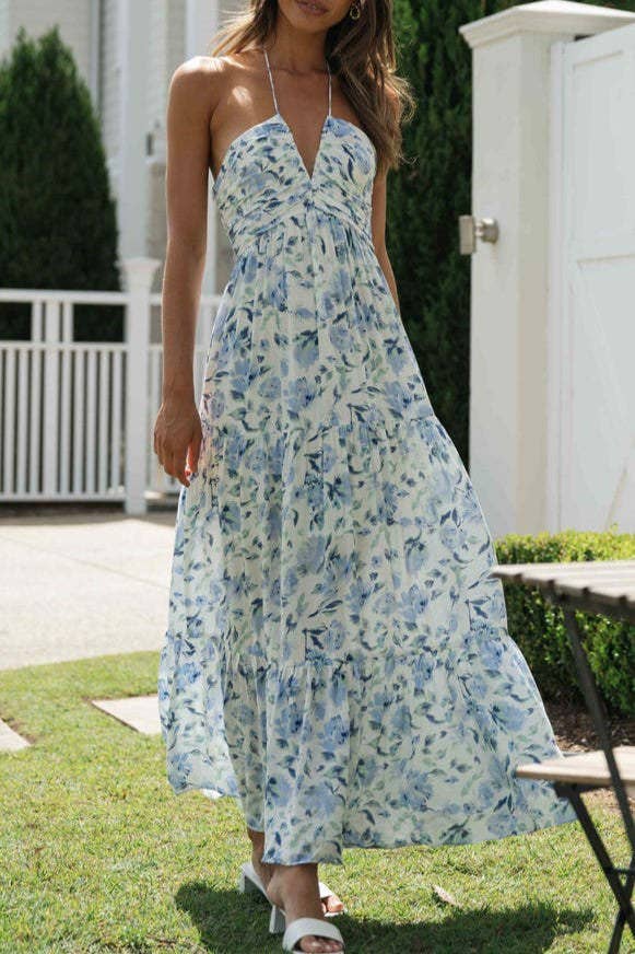 Plunge halter backless floral swing maxi sun dress: Orange / XL