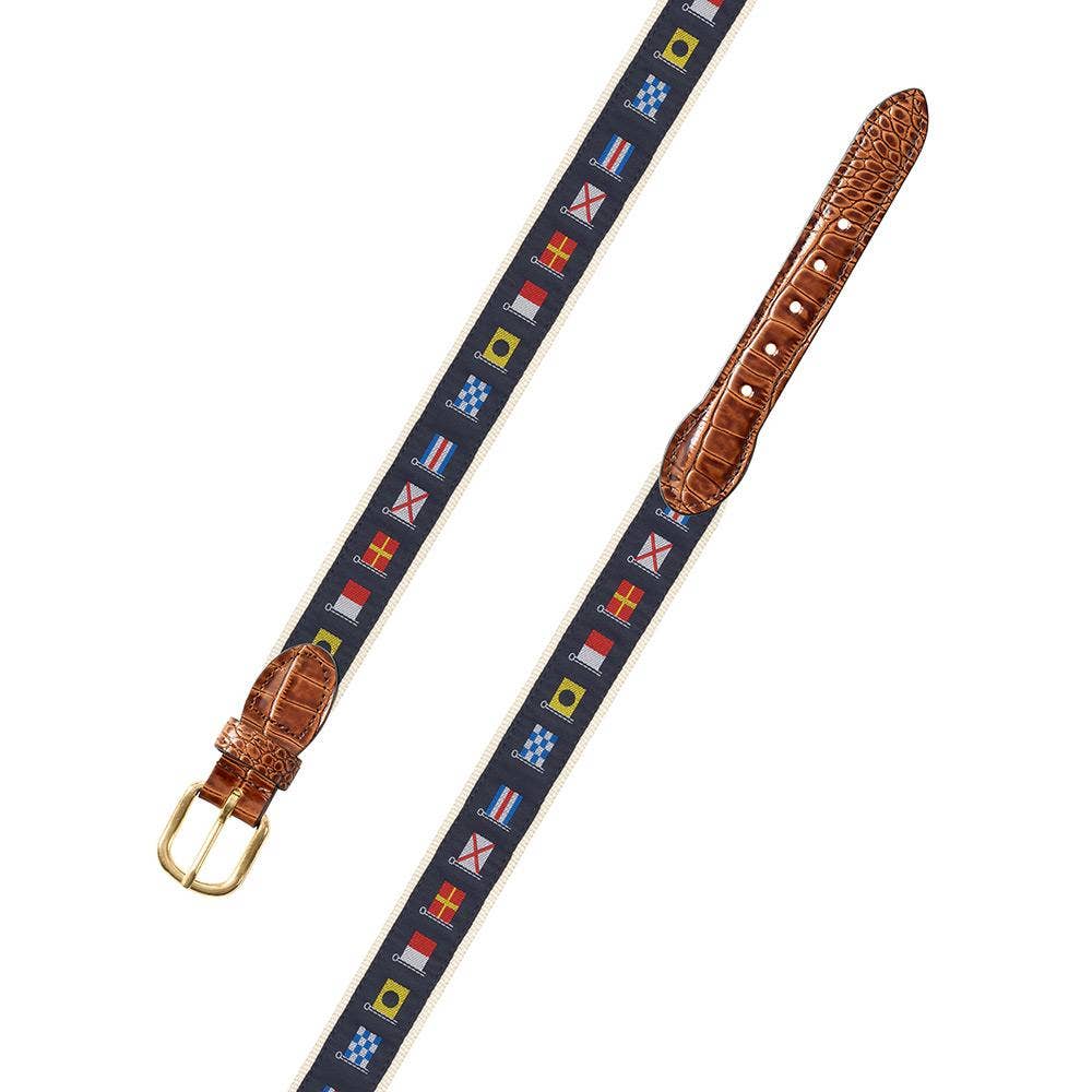 Nautical Flags Motif Leather Tab Belt: Tan Leather Tabs / 36"
