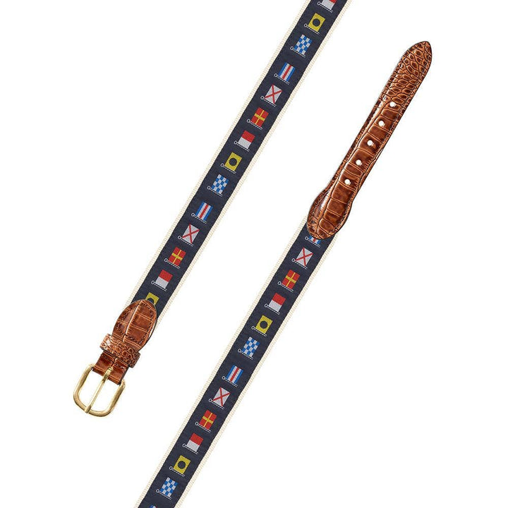 Nautical Flags Motif Leather Tab Belt: Tan Leather Tabs / 40"
