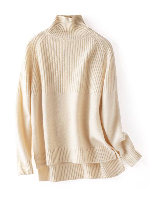 Casual Long Sleeves Loose Solid Color High-Neck Sweater Tops: GRAY / M