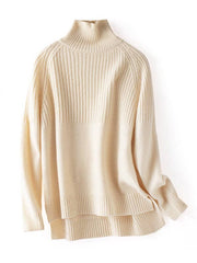 Casual Long Sleeves Loose Solid Color High-Neck Sweater Tops: WHITE / S