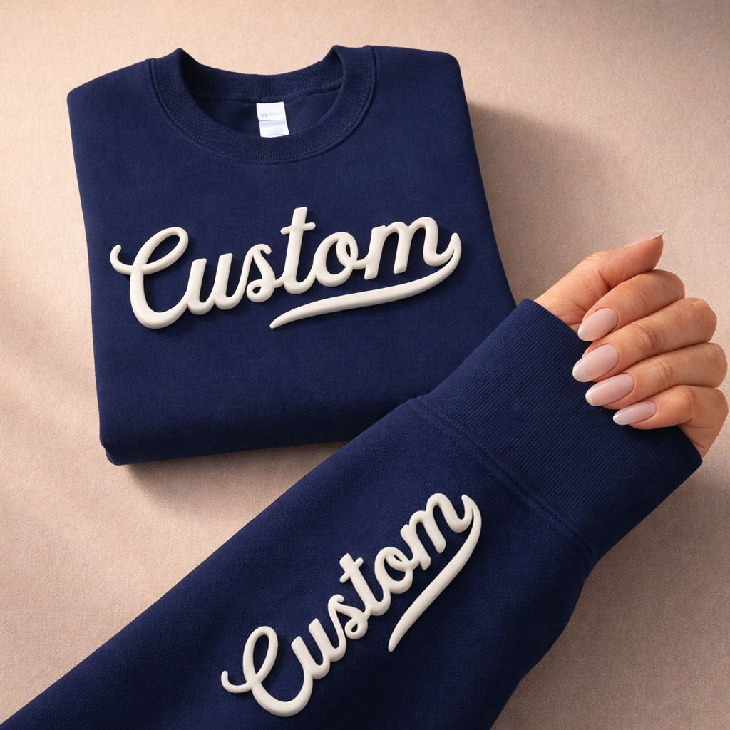 CUSTOM Wrist Sleeve & Front Puff Print Unisex Sweatshirt: Black / White / 2XL