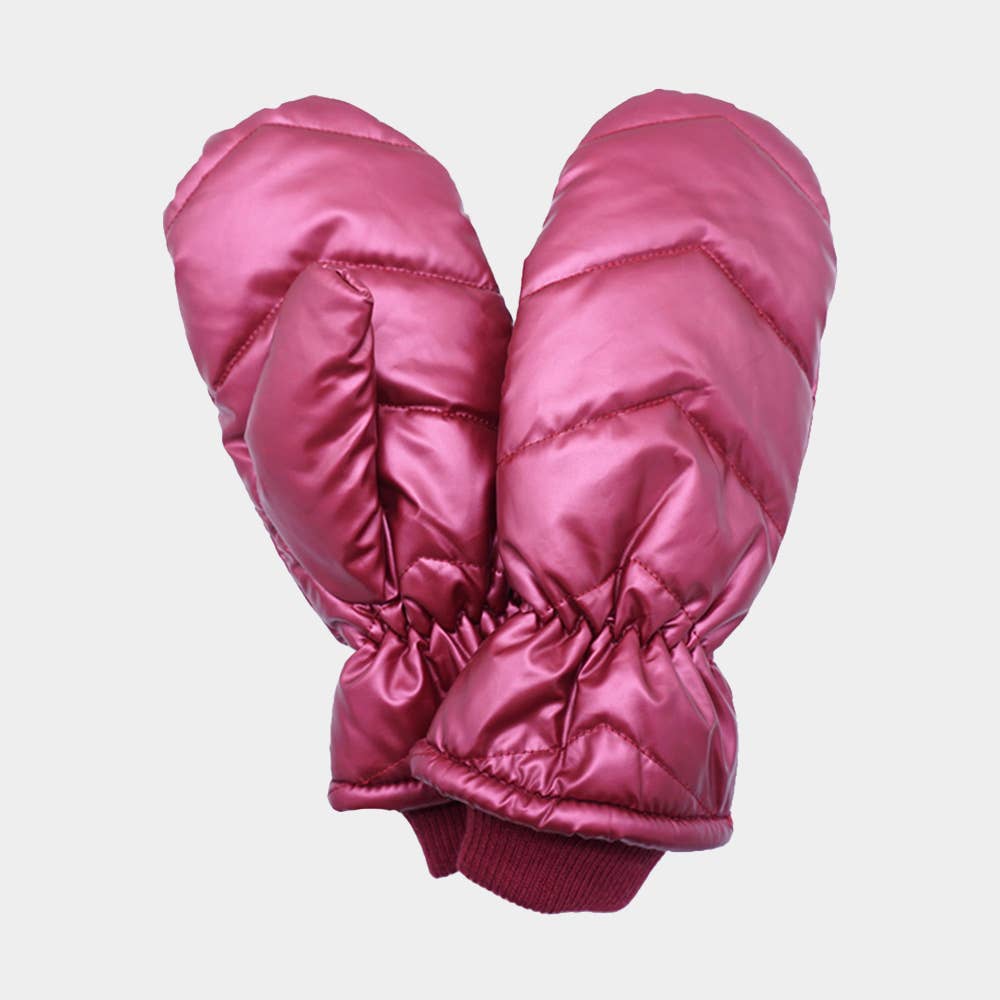 Shiny Puffer Mitten Gloves: Burgundy
