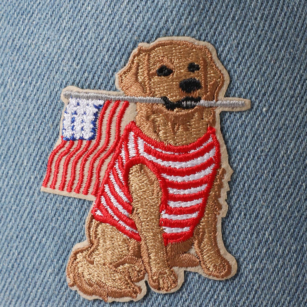 Dog Holding USA Flag Embroidered Patch Patchwork Denim Hat