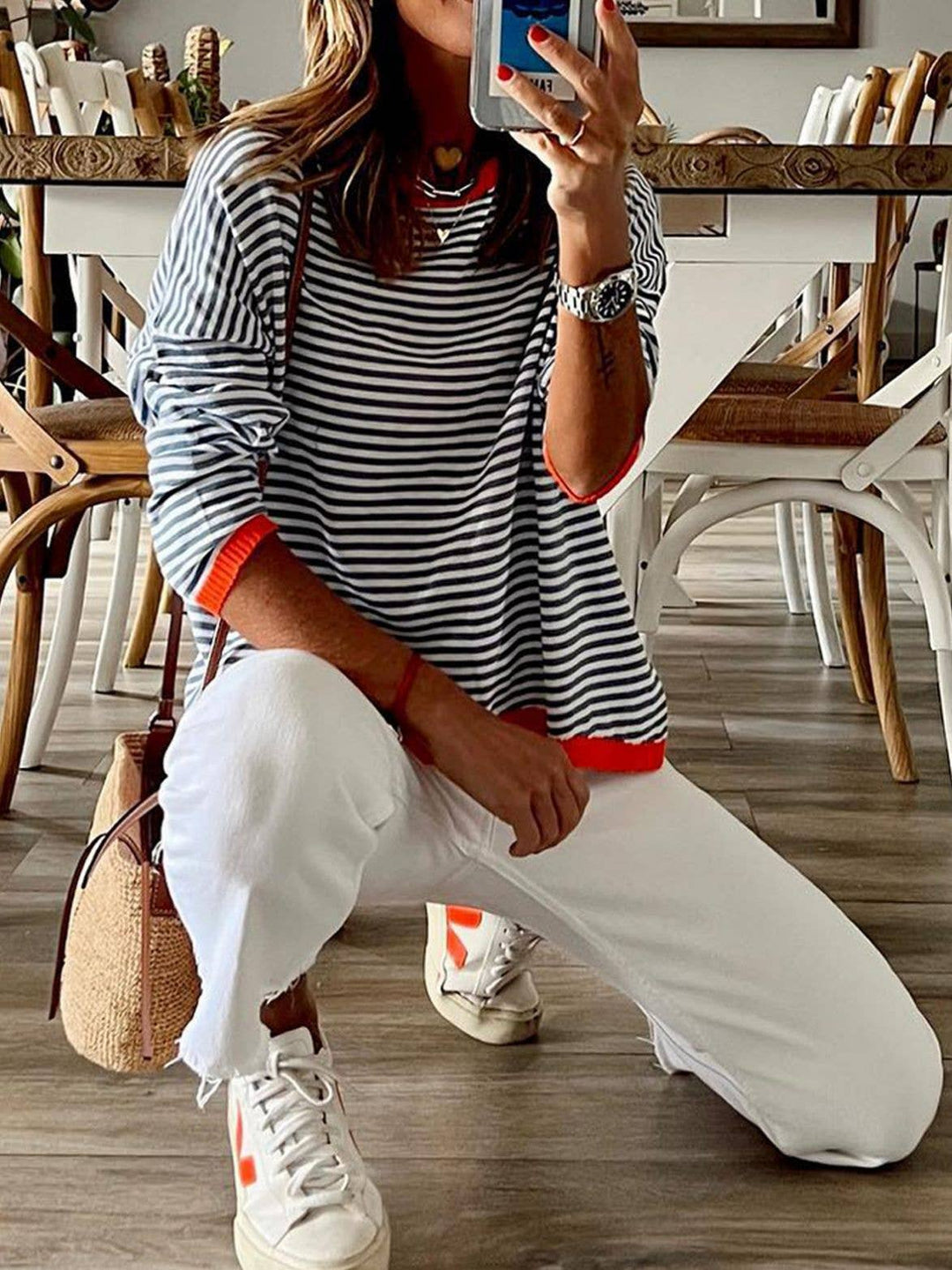 CWOSWL0811_ Long Sleeve Loose Neck Pullover Sweater: White / (S) 1