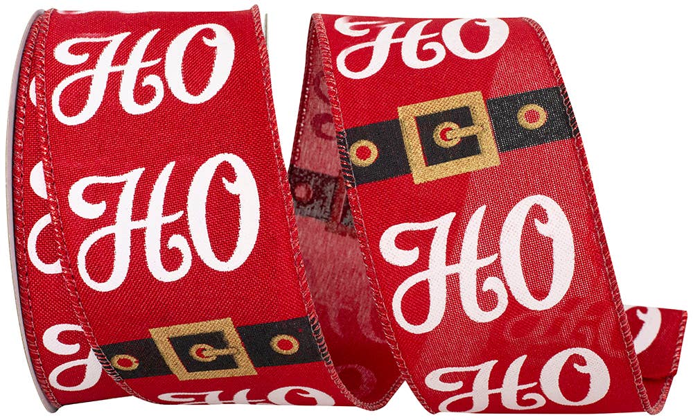 Santa's Belt Ho Ho Ho Wired Edge Ribbon, Red, 2-1/2 In