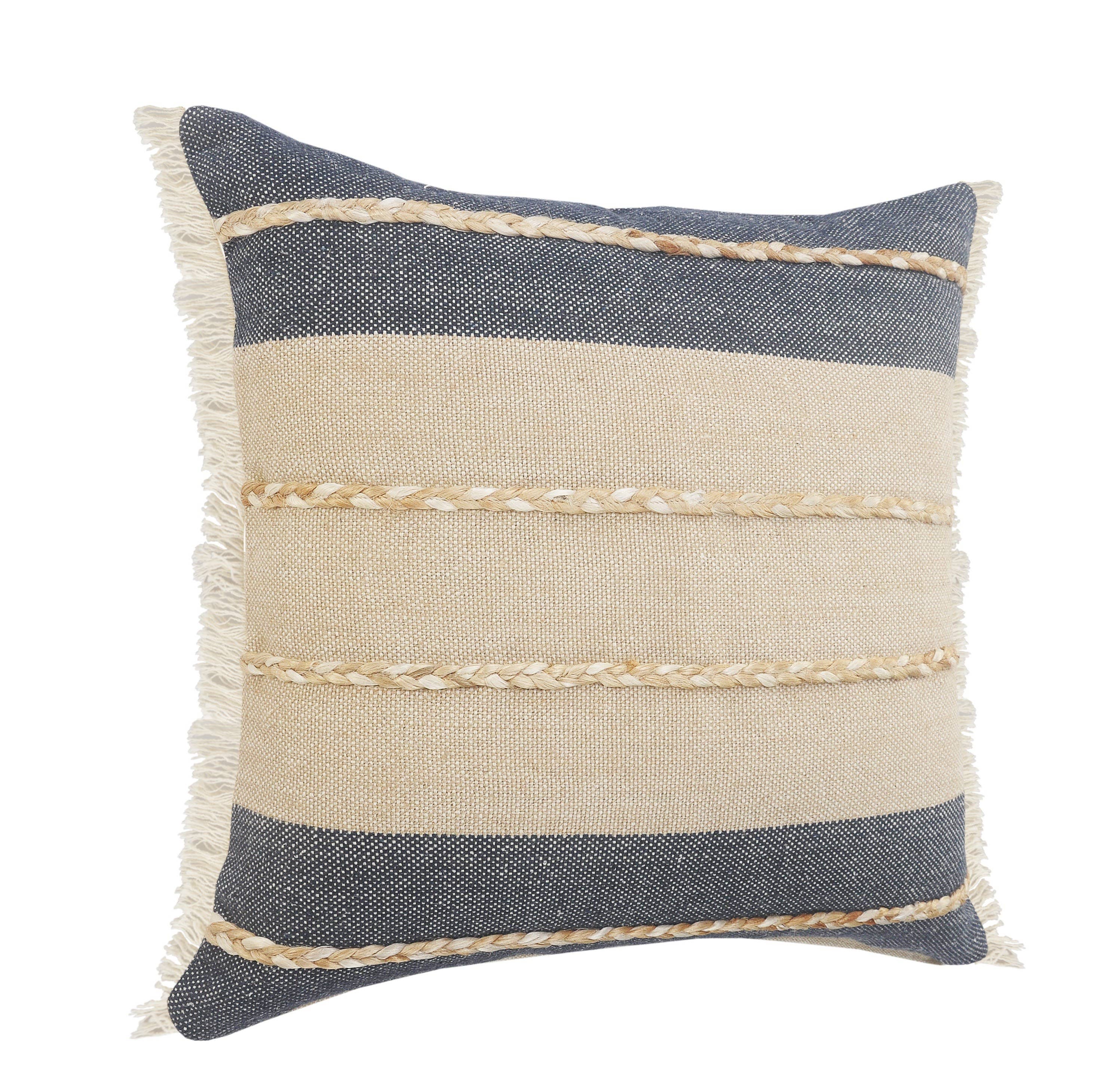 Atlantis Denim Blue and Taupe Throw Pillow with Jute: 20" x 20" / Poly Filled