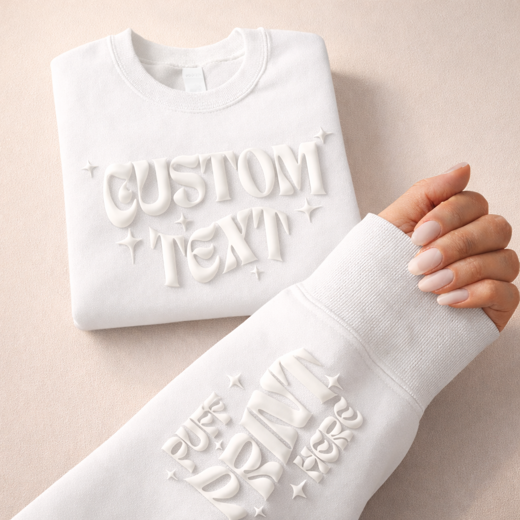 CUSTOM Wrist Sleeve & Front Puff Print Unisex Sweatshirt: Black / White / 2XL