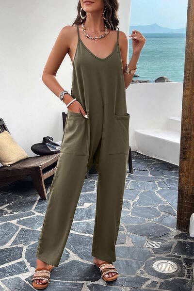 Pocketed Spaghetti Strap Overalls: Black / L