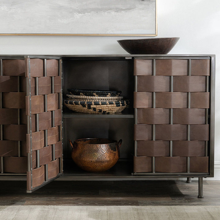 Komo - Leather/Metal 4 Doors Cabinet - Dark Brown