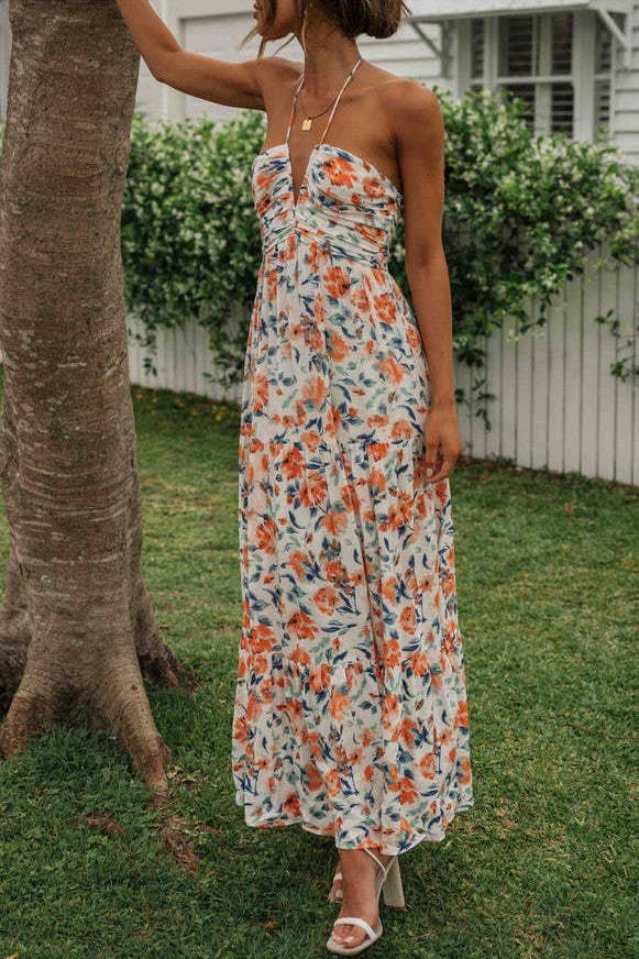 Plunge halter backless floral swing maxi sun dress: Orange / L
