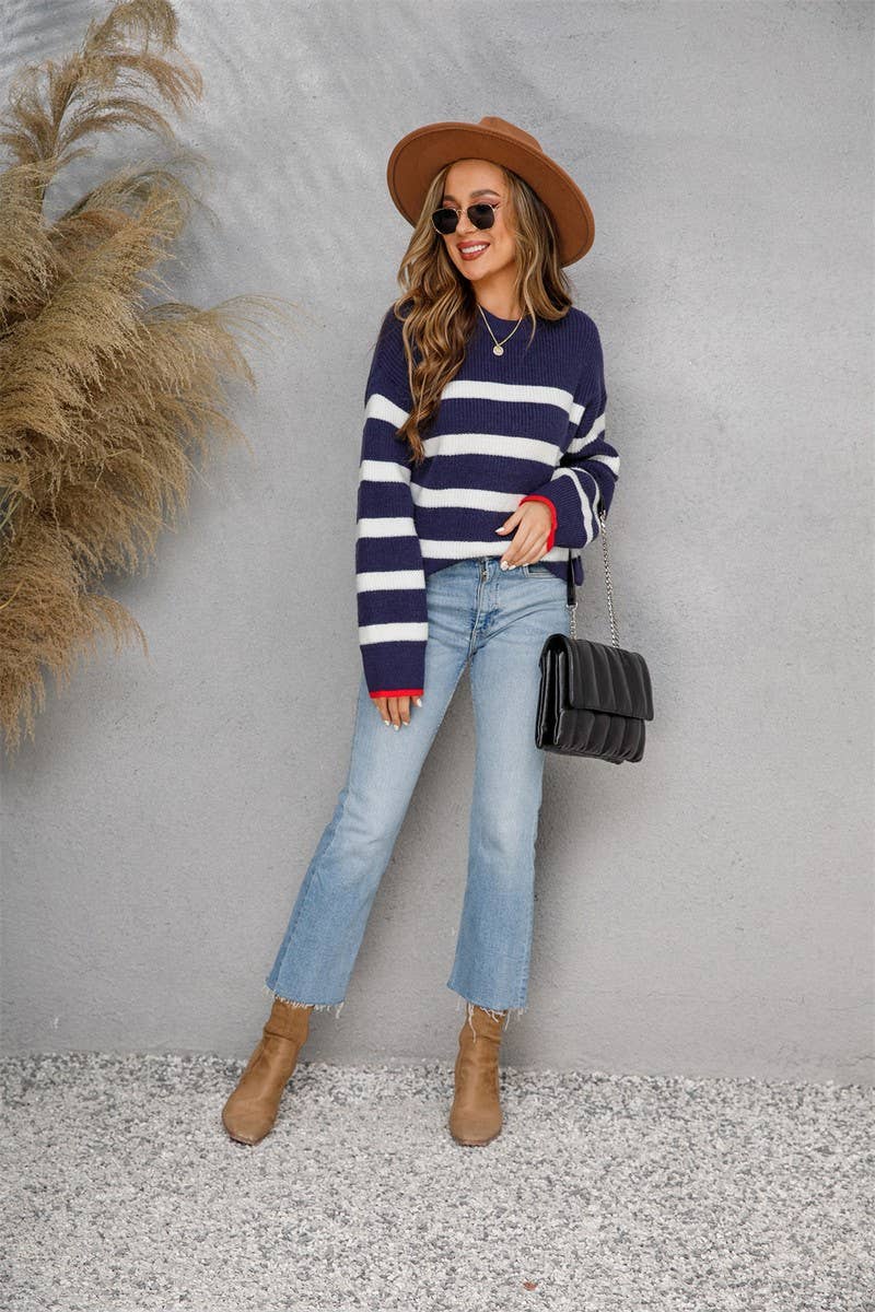 CWOSWL1709_Crew Neck Long Sleeve Striped Pullover Sweater: NAVY / (M) 1