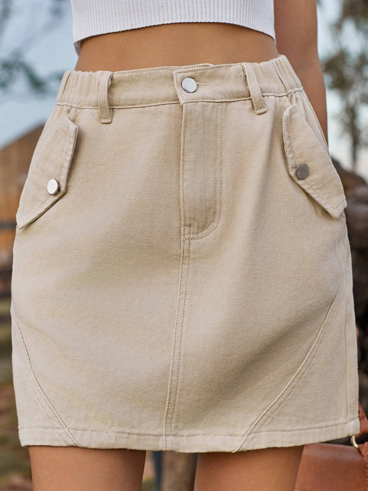 Elastic waist colored high rise cargo denim mini skirt: Beige / M