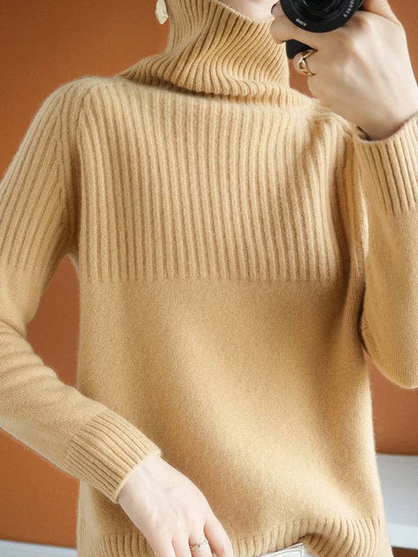 Casual Long Sleeves Loose Solid Color High-Neck Sweater Tops: GRAY / M