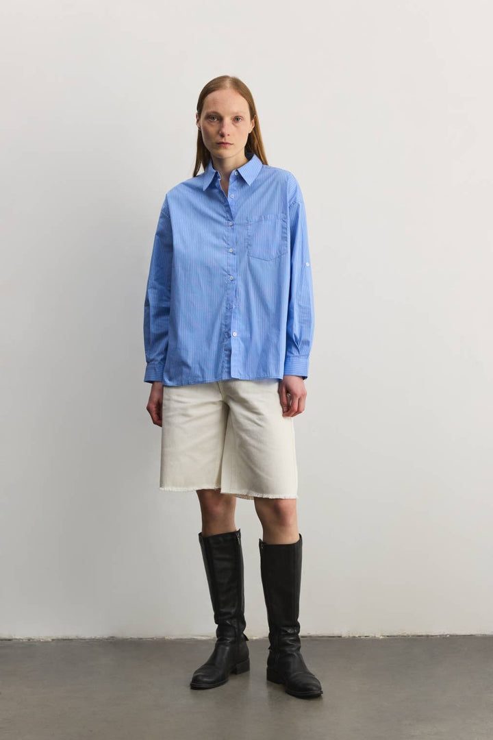 The Annalise Top | Pinstripe Button-Down Top: BLUE/WHITE / LARGE