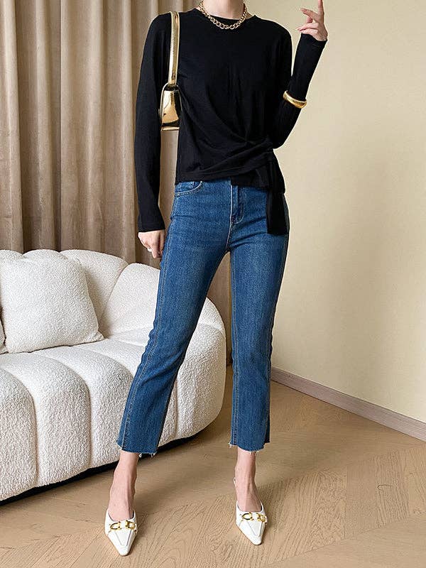 Long Sleeves Asymmetric Bowknot Solid Color Round-Neck T-Shirts Tops: BLACK / One_size