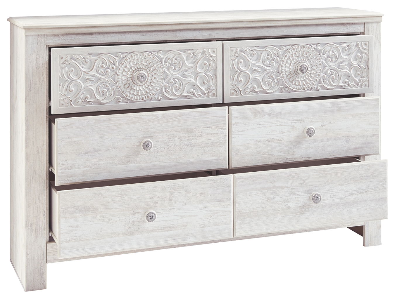 Paxberry - Six Drawer Dresser - Medallion Drawer Pulls - Whitewash